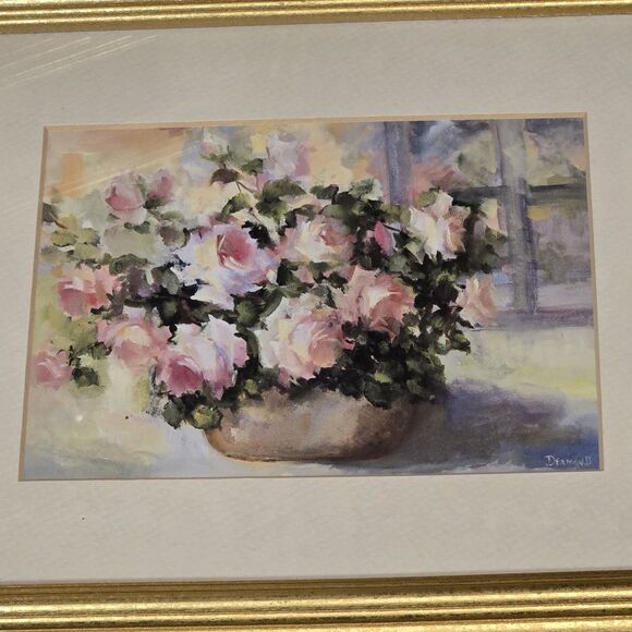 (2) Vtg Art Prints Pink Roses In Vase Penny Dermand Framed Gold 11.5 X 9.5 - Picture 4 of 7
